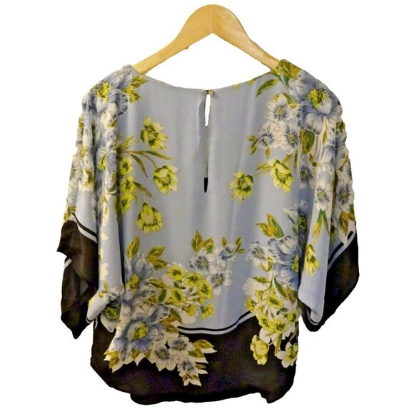 White House‎ Black Market XS Floral V-Neck Tunic Blouse | Blue & Black Print Top - Picture 3 of 6